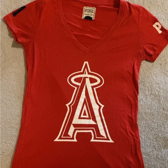 PINK Victoria's Secret mlb angels Red Fitted Short Sleeve baseball Tee - Picture 1 of 2